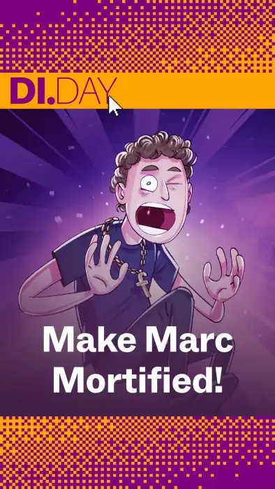 A cartoon-style illustration of Mark Zuckerberg with a startled expression, wide eyes and raised hands; he is wearing a dark T-shirt and a necklace with an &lsquo;F&rsquo; pendant. At the top it says &lsquo;DI.DAY&rsquo;, and at the bottom the text reads &lsquo;Make Marc Mortified&rsquo;