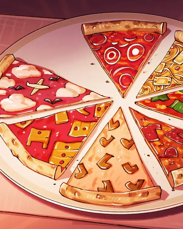 Sieben gro&szlig;e St&uuml;cke einer Pizza, das achte fehlt. Die St&uuml;cke symbolisieren unterschiedliche Segmente des Online-Handels symbolisiert. Von 12 Uhr im Uhrzeigersinn Fahrr&auml;der (aus Zwiebeln auf Tomatensauce), Elektronik (K&auml;asest&uuml;cke), B&uuml;cher (Gem&uuml;sest&uuml;cke), Kleidung (Wurst), Schuhe (Pilze), M&ouml;bel (wie K&auml;se) und Reisen (wolen und Flugzeuge).