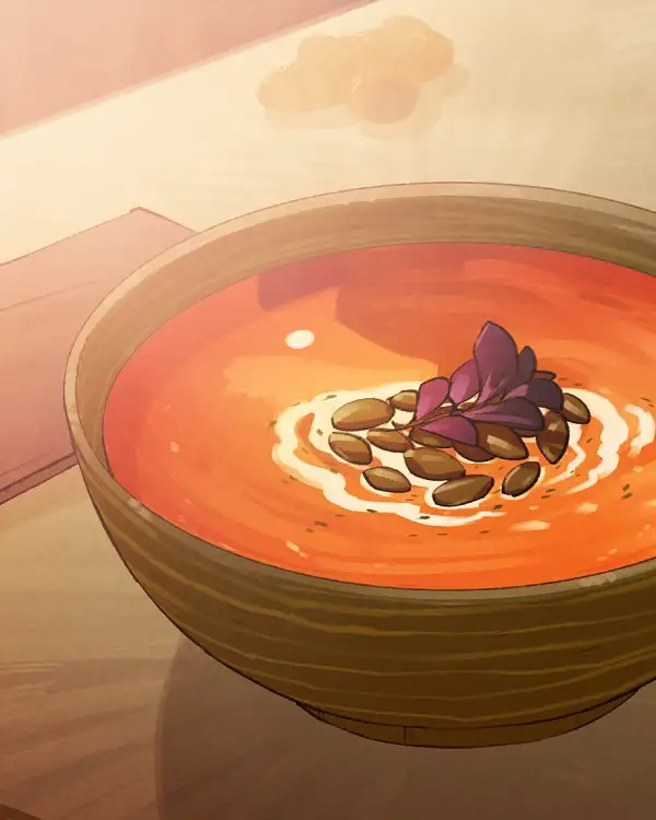 A delicious, red pumpkin soup with a cream topping with a shape suggesting the Firefox logo.