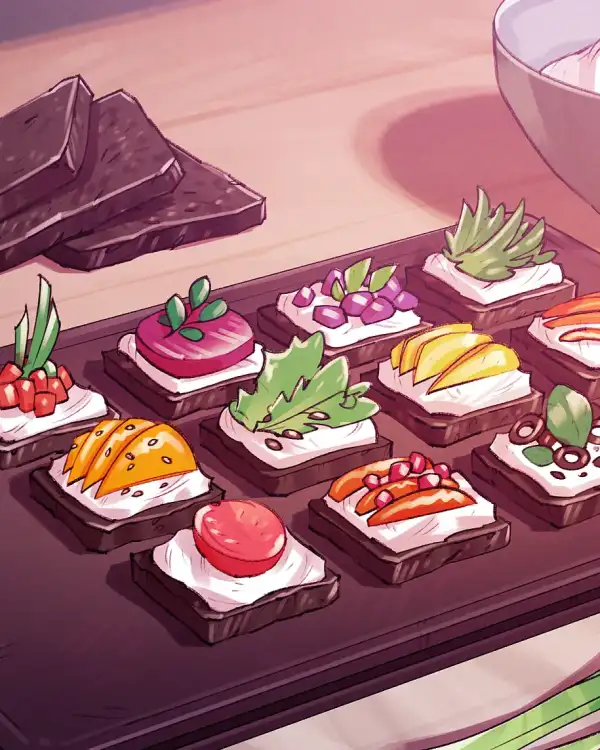 Illustration eines Holzbretts mit kleinen, quadratischen Schwarzbroten, die wie die Tasten eines Handys angeordnet sind. Jedes Brot ist mit verschiedenen Zutaten wie Gem&uuml;se, Obst, Kr&auml;utern und Saucen belegt. Im Hintergrund liegen ein Block K&auml;se, eine Sch&uuml;ssel mit Dip und verstreute Zutaten wie Tomaten und Fr&uuml;hlingszwiebeln."