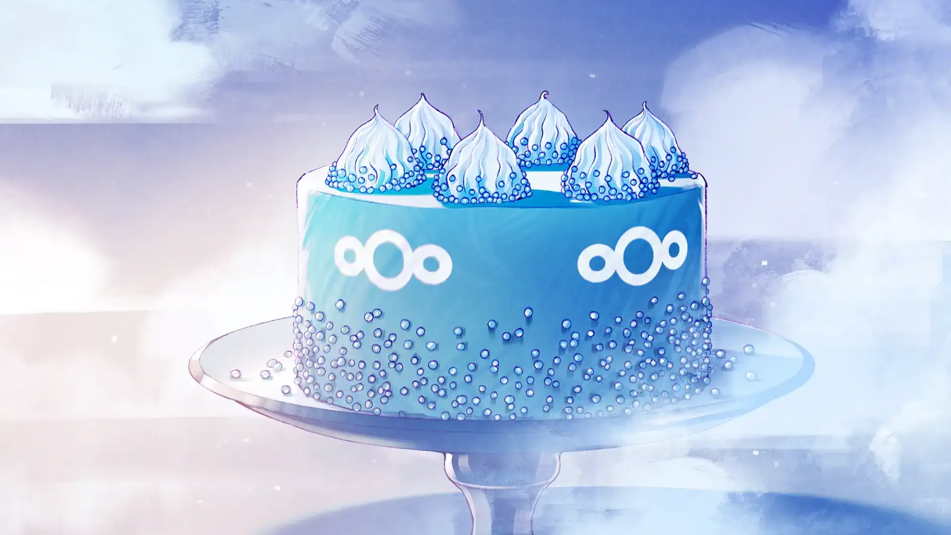 Eine stilisierte, blau glasierte Torte steht auf einem eleganten Tortenst&auml;nder. Oben ist sie mit mehreren kleinen, wei&szlig;en Baisers dekoriert, die mit blauen Zuckerk&uuml;gelchen verziert sind. Auch der Rand der Torte ist mit solchen K&uuml;gelchen bestreut. Auf der Seite der Torte ist mehrfach das Nextcloud-Logo in Wei&szlig; zu sehen.