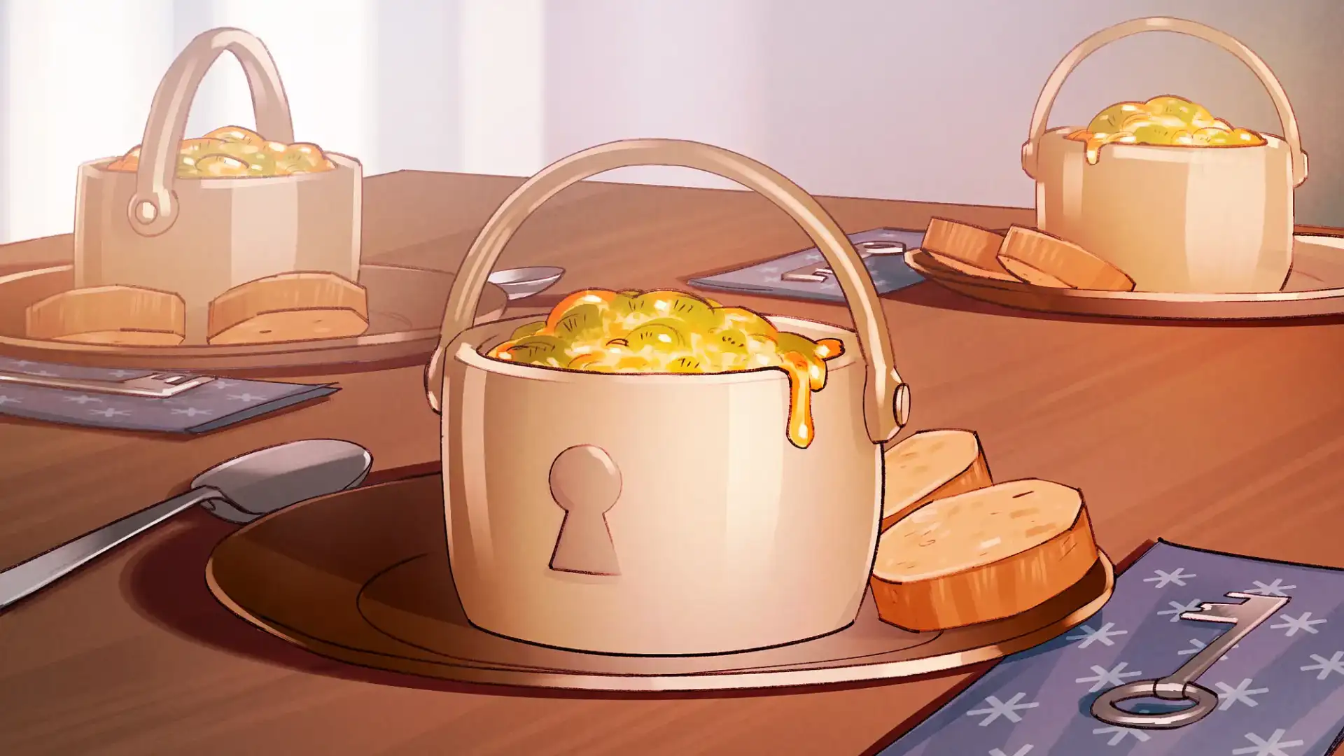 Illustration eines gedeckten Tisches mit drei hellen Kocht&ouml;pfen, die jeweils ein schlossf&ouml;rmiges Symbol auf der Vorderseite tragen. Die T&ouml;pfe sind mit einer goldgelben Suppe gef&uuml;llt, die leicht &uuml;ber den Rand quillt. Vor dem mittleren Topf liegen zwei Scheiben Brot auf einem Teller. Auf dem Tisch befinden sich au&szlig;erdem L&ouml;ffel und blaue Servietten mit einem Schl&uuml;sselmotiv. Warmes Licht f&auml;llt von links auf die Szene und erzeugt eine gem&uuml;tliche, m&auml;rchenhafte Atmosph&auml;re.