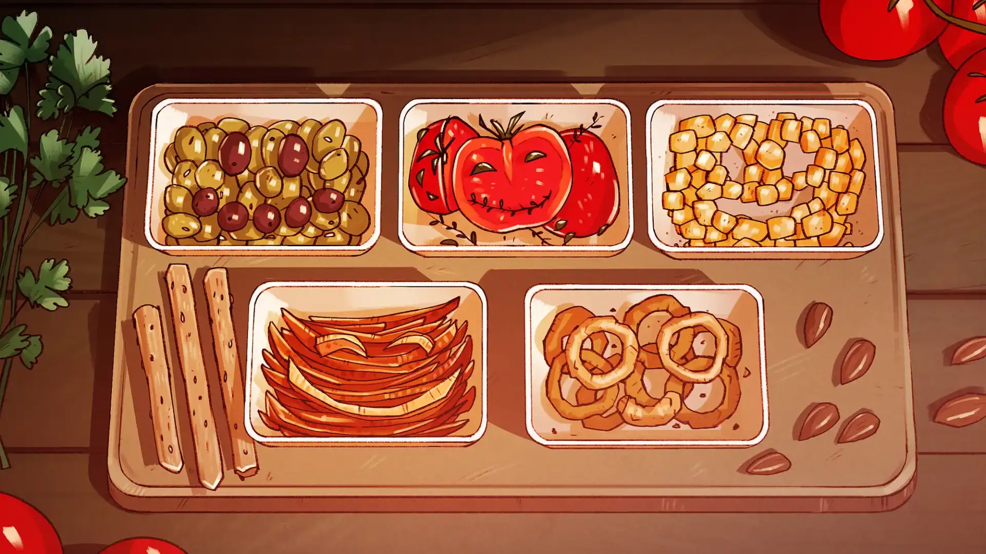 Das Tablett mit verschiedenen Tapas &ndash; darunter Oliven, Tomaten, Croutons, frittierte Zwiebelringe und Paprika &ndash; erinnert an einen Videokonferenz-Bildschirm, wobei die Tapas wie stilisierte Gesichter dargestellt sind.