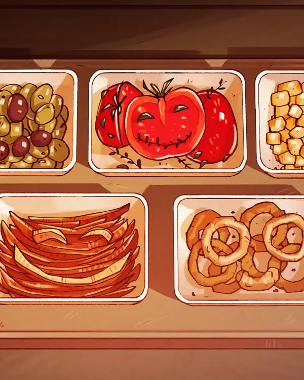 Das Tablett mit verschiedenen Tapas &ndash; darunter Oliven, Tomaten, Croutons, frittierte Zwiebelringe und Paprika &ndash; erinnert an einen Videokonferenz-Bildschirm, wobei die Tapas wie stilisierte Gesichter dargestellt sind.