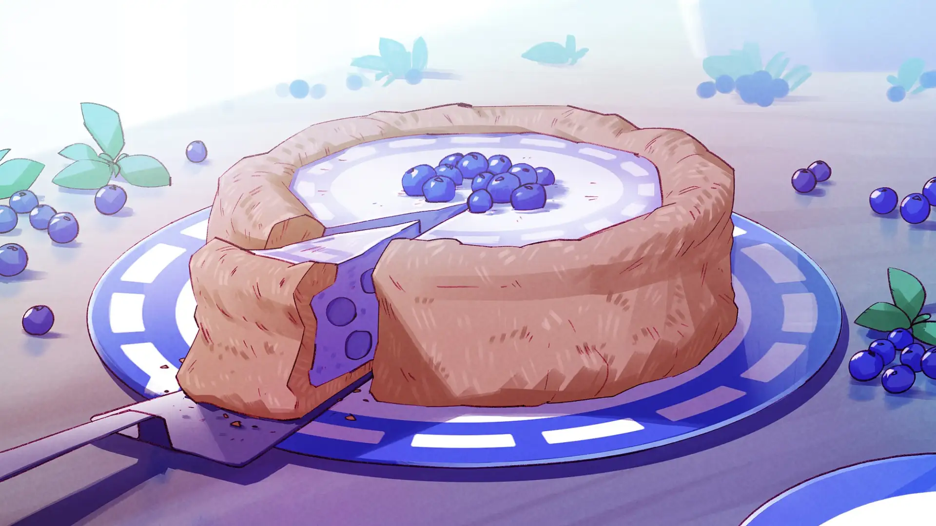 A delicious blueberry cake, cut and served; the plate underneath it suggests the Signal logo